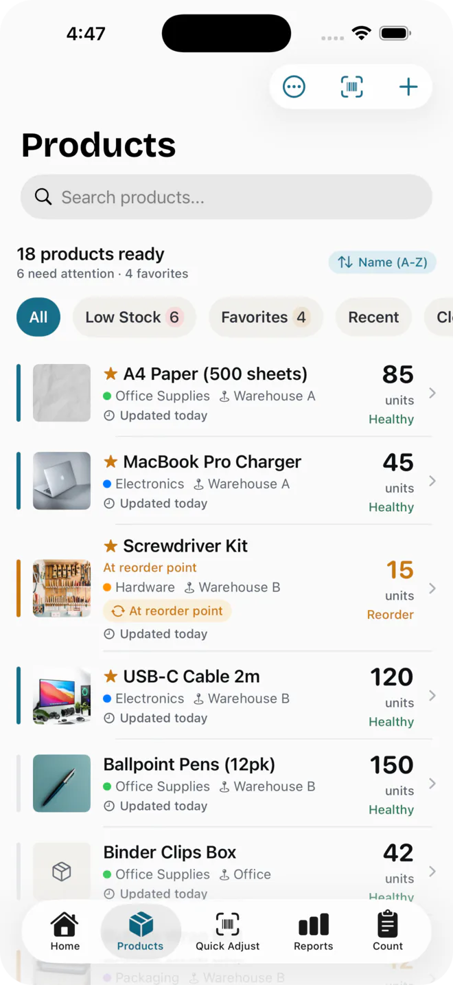 Magpie products list showing stock health status and quick filters